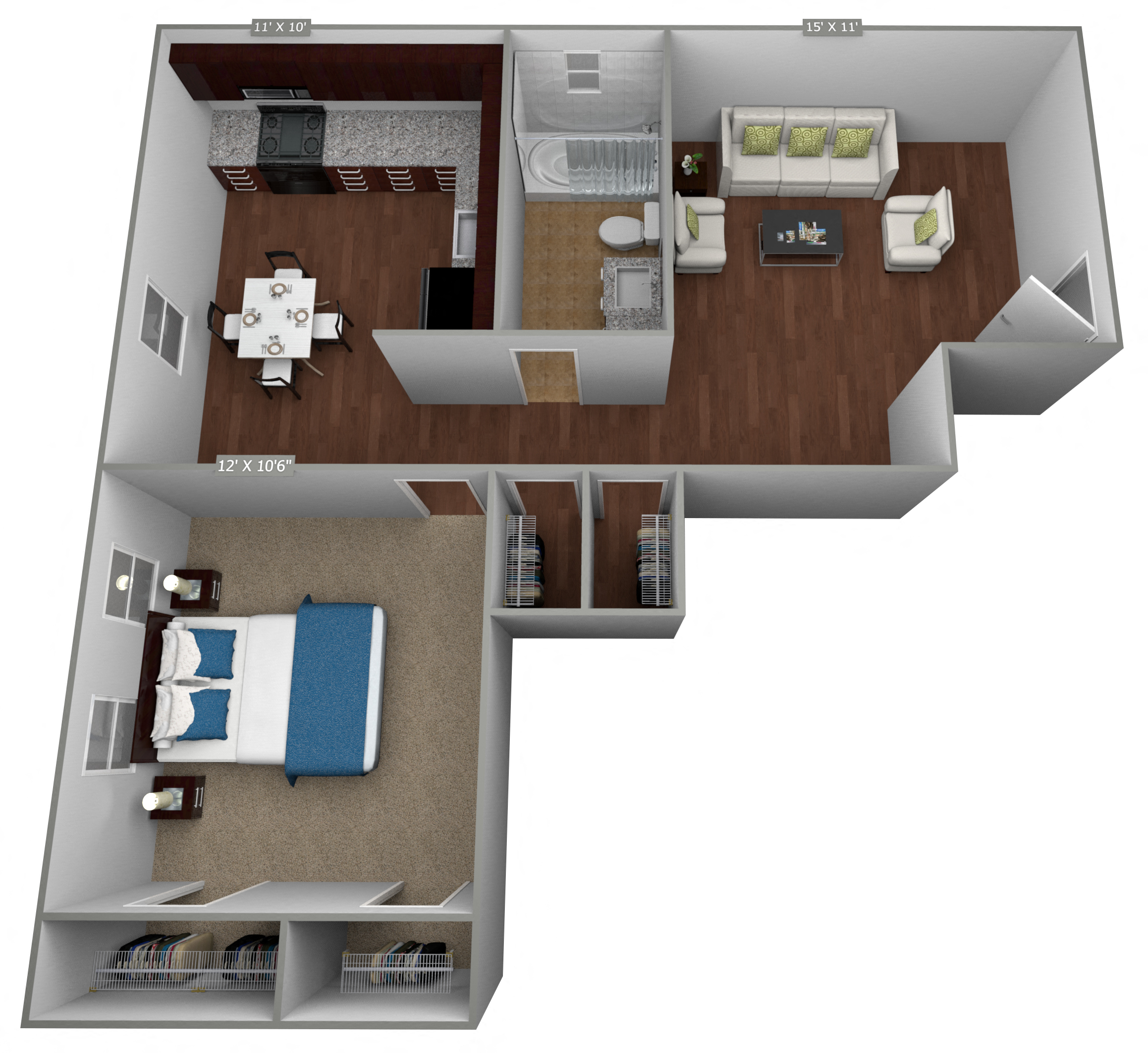 Floor plan for 1 bed, 1 bath, 520 sqft