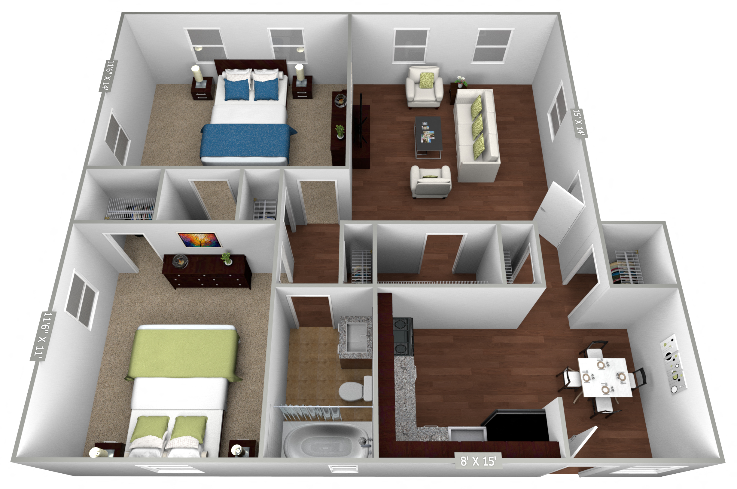Floor plan for 2 beds, 1 bath, 730 sqft