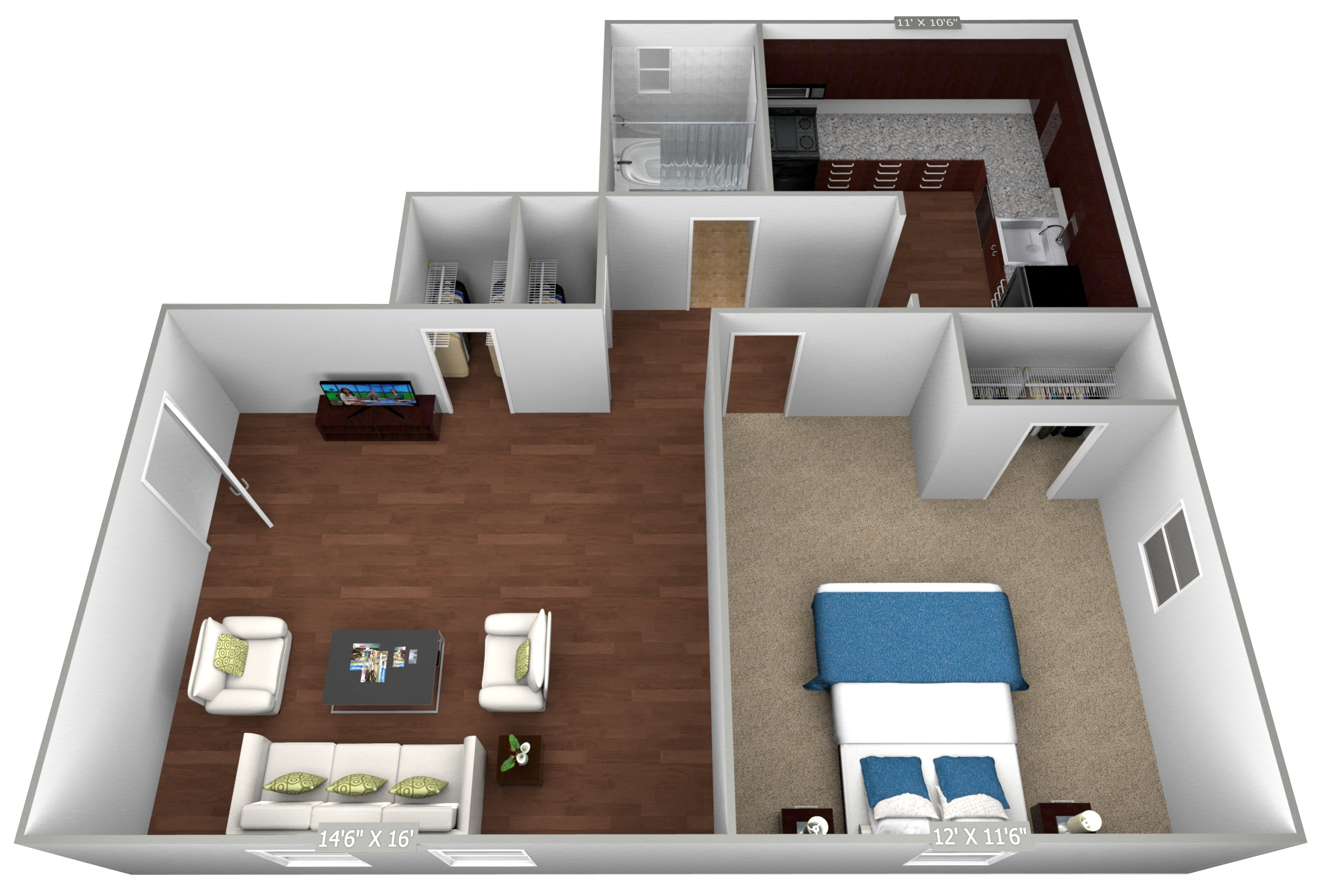 Floor plan for 1 bed, 1 bath, 560 sqft