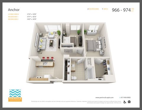 Floor plan for 2 beds, 1 bath, 974 sqft