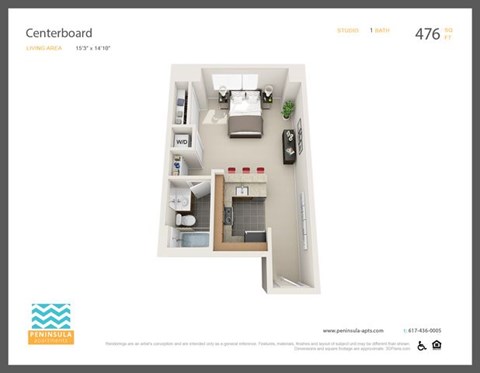 Floor plan for studio, 1 bath, 476 sqft