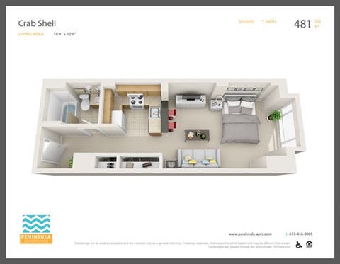 Floor plan for studio, 1 bath, 481 sqft