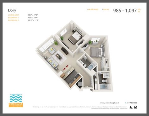Floor plan for 2 beds, 2 baths, 995 sqft