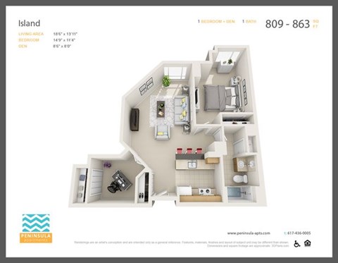Floor plan for 1 bed, 1 bath, 856 sqft