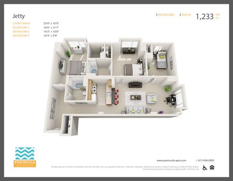 Floor plan for 3 beds, 2 baths, 1233 sqft