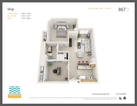 Floor plan for 1 bed, 1 bath, 867 sqft