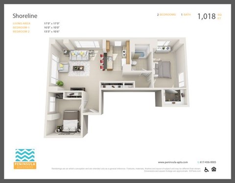 Floor plan for 2 beds, 1 bath, 1018 sqft