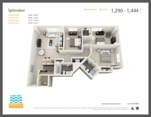 Floor plan for 3 beds, 2 baths, 1444 sqft