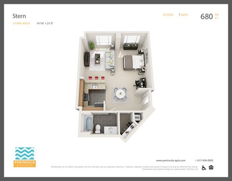 Floor plan for studio, 1 bath, 680 sqft