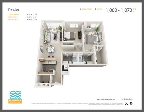 Floor plan for 2 beds, 2 baths, 1070 sqft