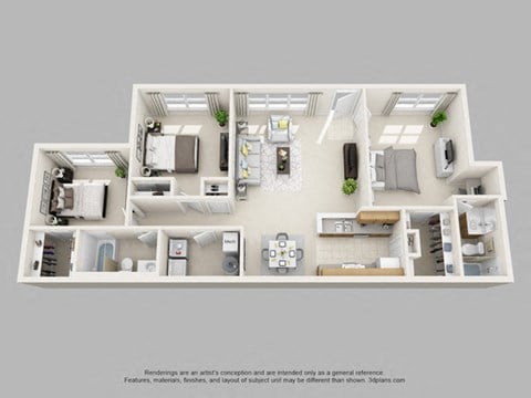 Floor plan for 3 beds, 2 baths, 1350 sqft