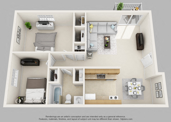 Floor plan for 2 beds, 1 bath, 900 sqft