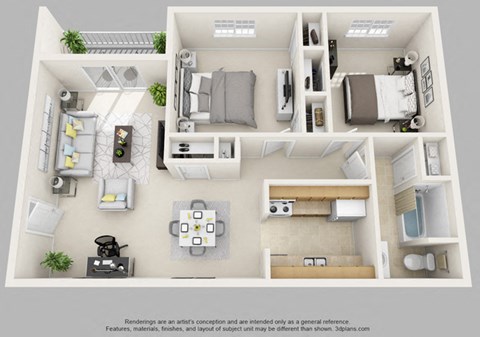 Floor plan for 2 beds, 1 bath, 925 sqft