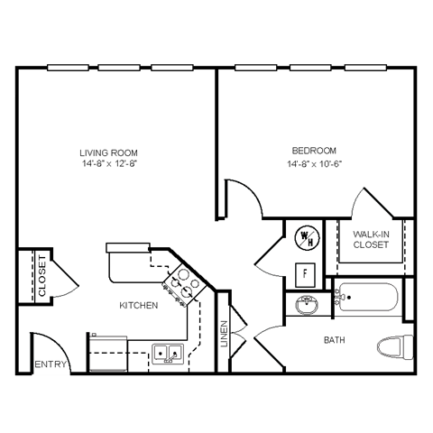 Floor plan for 1 bed, 1 bath, 651 sqft