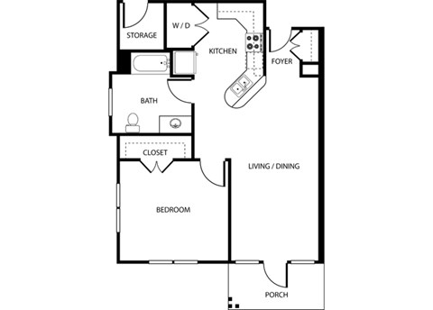 Floor plan for 1 bed, 1 bath, 910 sqft