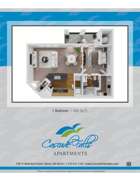 Floor plan for 1 bed, 1 bath, 694 sqft