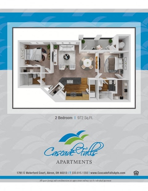 Floor plan for 2 beds, 2 baths, 972 sqft