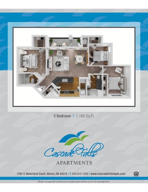 Floor plan for 3 beds, 2 baths, 1160 sqft