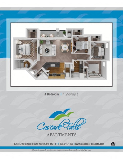 Floor plan for 4 beds, 2 baths, 1256 sqft