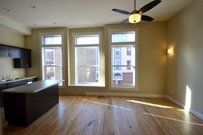 La Crosse apartment for rent - an empty living room with a ceiling fan and large windows