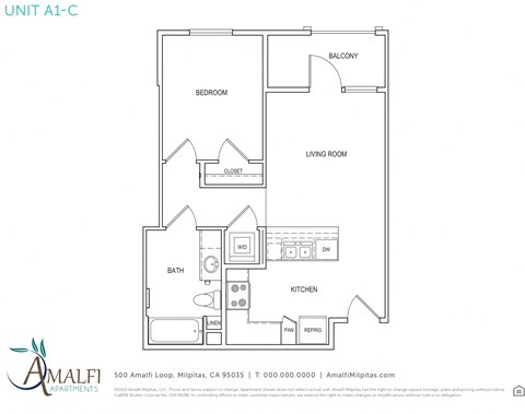 Floor plan for 1 bed, 1 bath, 583 sqft
