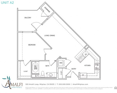 Floor plan for 1 bed, 1 bath, 708 sqft