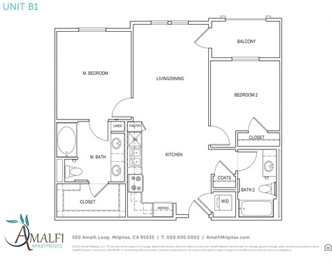 Floor plan for 2 beds, 2 baths, 915 sqft