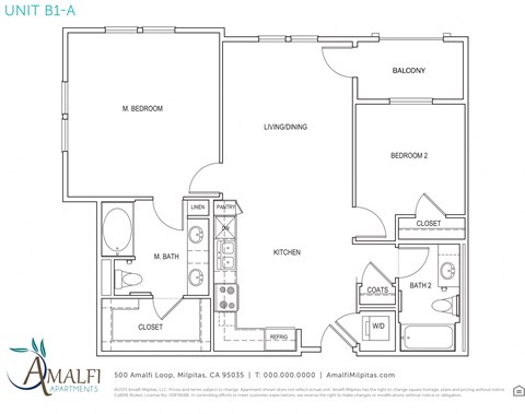 Floor plan for 2 beds, 2 baths, 1039 sqft