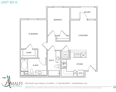 Floor plan for 2 beds, 2 baths, 844 sqft