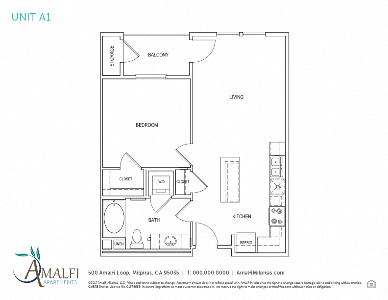 Floor plan for 1 bed, 1 bath, 678 sqft