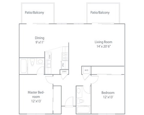 Floor plan for 2 beds, 2 baths, 1145 sqft