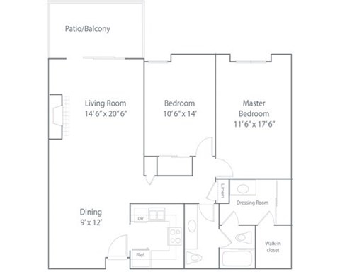 Floor plan for 2 beds, 1.5 baths, 1100 sqft