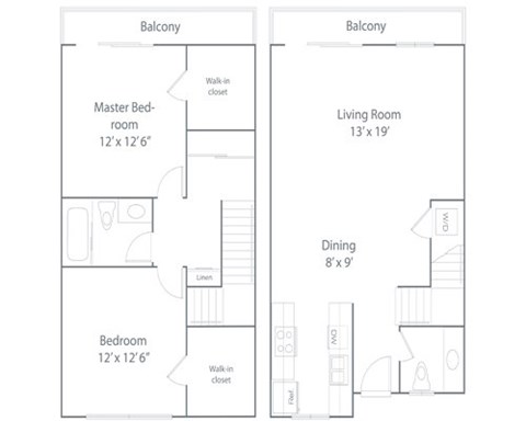 Floor plan for 2 beds, 1.5 baths, 1125 sqft