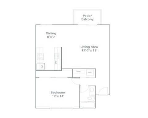 Floor plan for 1 bed, 1 bath, 775 sqft