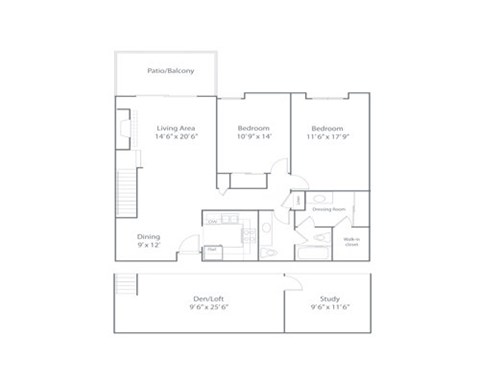 Floor plan for 2 beds, 1.5 baths, 1450 sqft