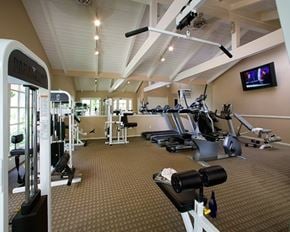 Rancho Palos Verdes apartment for rent - A gym with a variety of equipment including treadmills, weights, and a television.