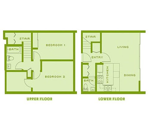 Floor plan for 2 beds, 1.5 baths, 645 sqft