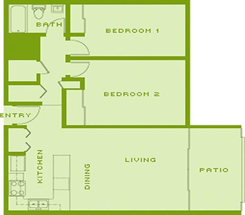 Floor plan for 2 beds, 1 bath, 844 sqft