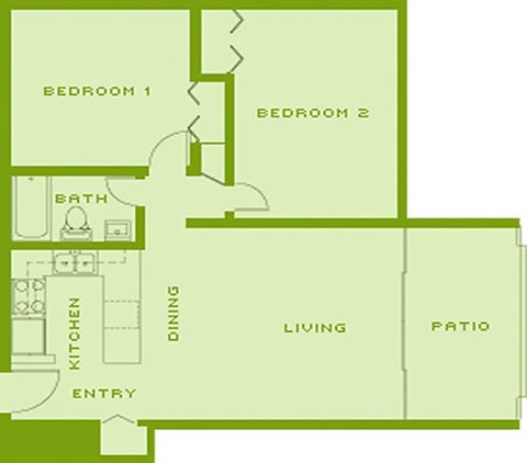 Floor plan for 2 beds, 1 bath, 871 sqft