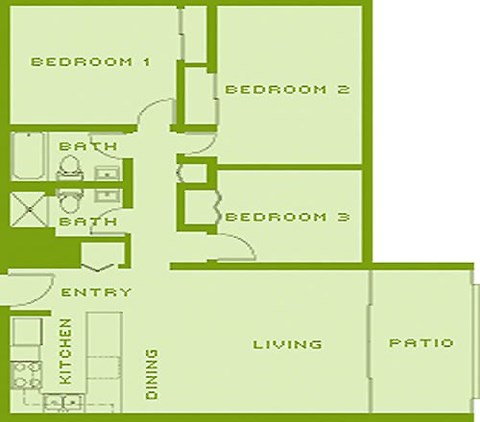 Floor plan for 3 beds, 2 baths, 1112 sqft