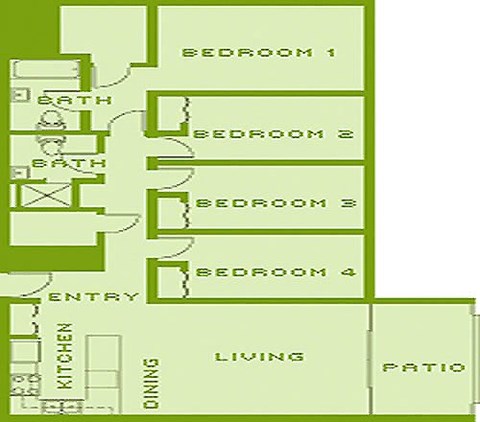 Floor plan for 4 beds, 2 baths, 1255 sqft