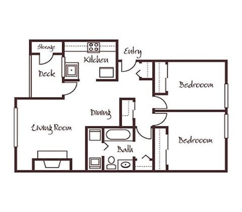 Floor plan for 2 beds, 1 bath, 875 sqft