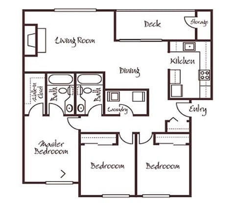 Floor plan for 3 beds, 2 baths, 1150 sqft