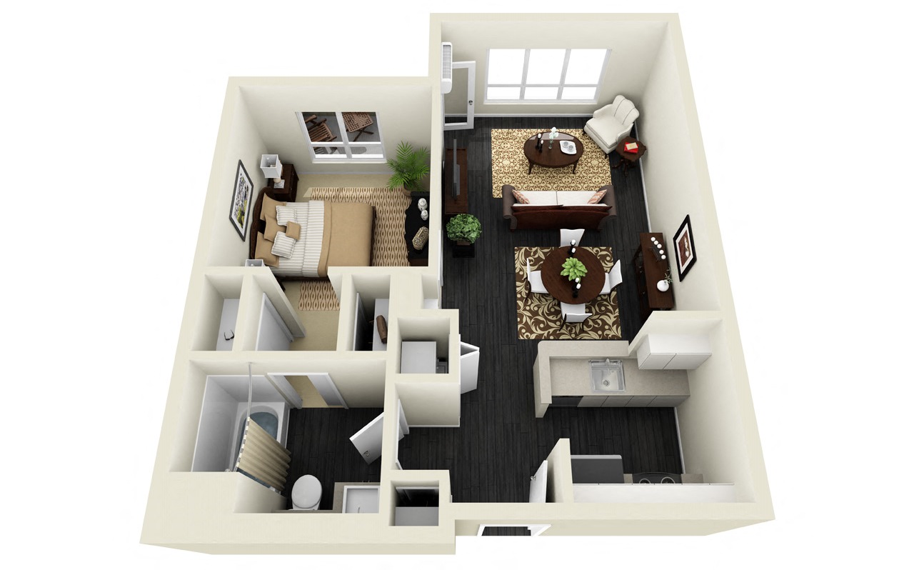Floor plan for 1 bed, 1 bath, 670 sqft