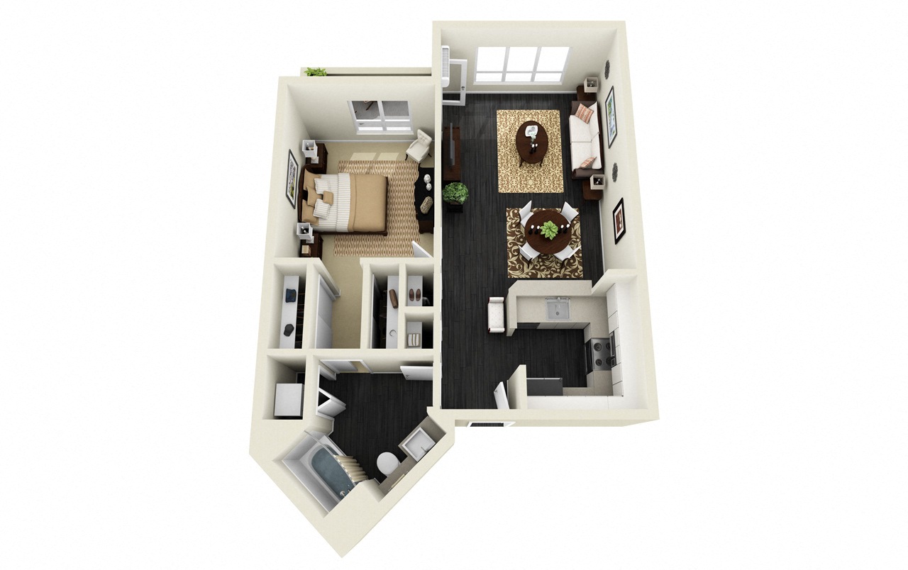 Floor plan for 1 bed, 1 bath, 776 sqft