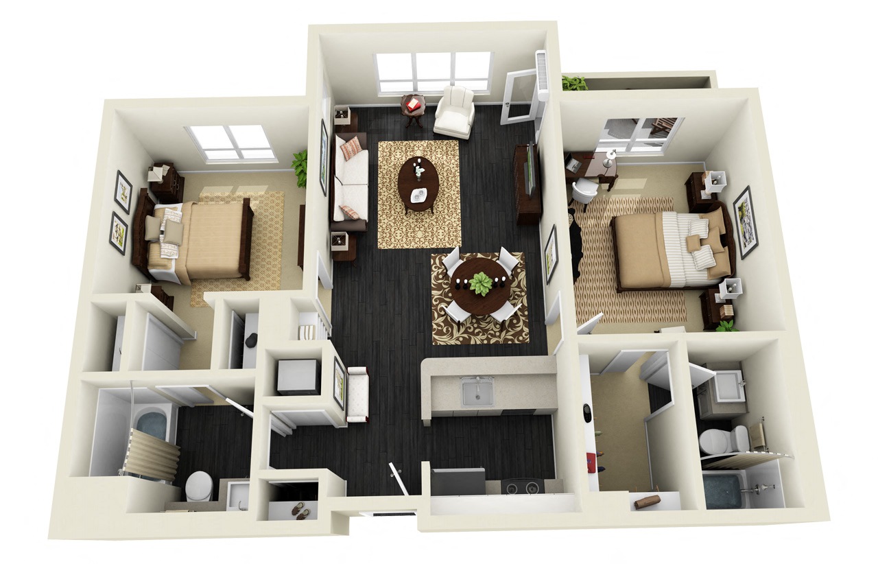 Floor plan for 2 beds, 2 baths, 989 sqft