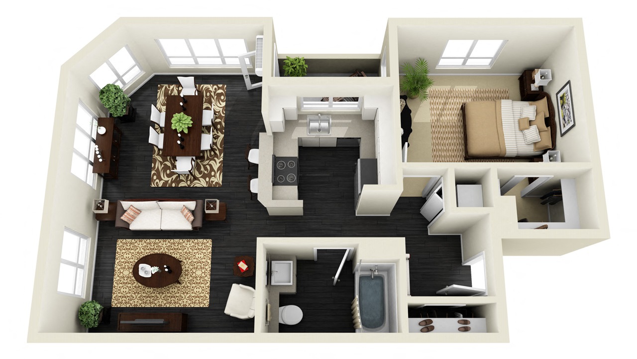 Floor plan for 1 bed, 1 bath, 822 sqft