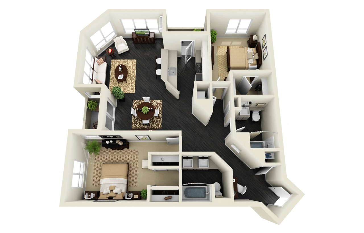 Floor plan for 2 beds, 2 baths, 1250 sqft