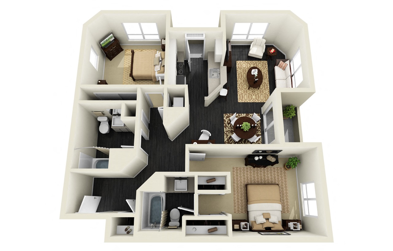 Floor plan for 2 beds, 2 baths, 1031 sqft