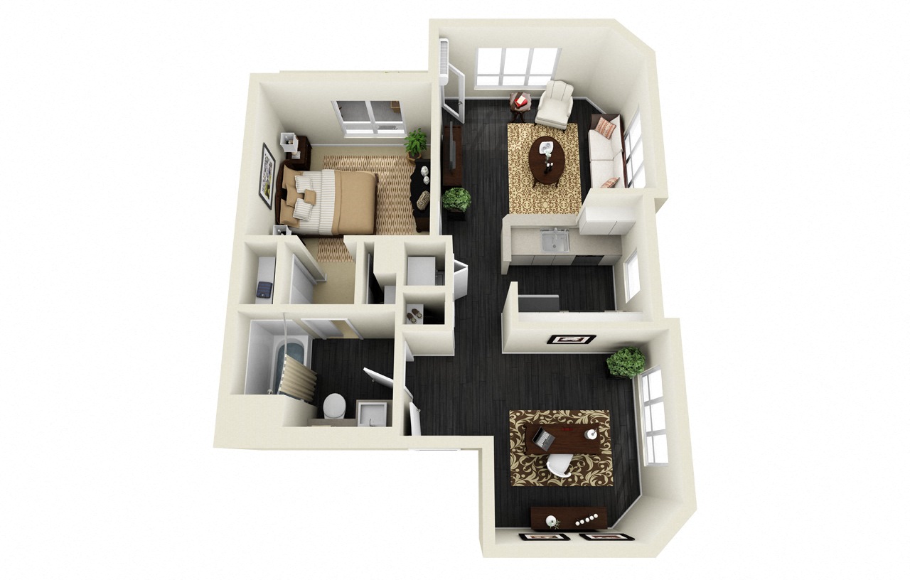 Floor plan for 1 bed, 1 bath, 725 sqft